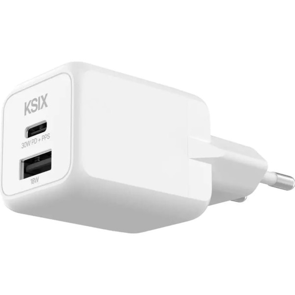 Ksix bcd30ganacb blanco / cargador de red eléctrica 30w / 1 x usb-c + 1 x usb-a